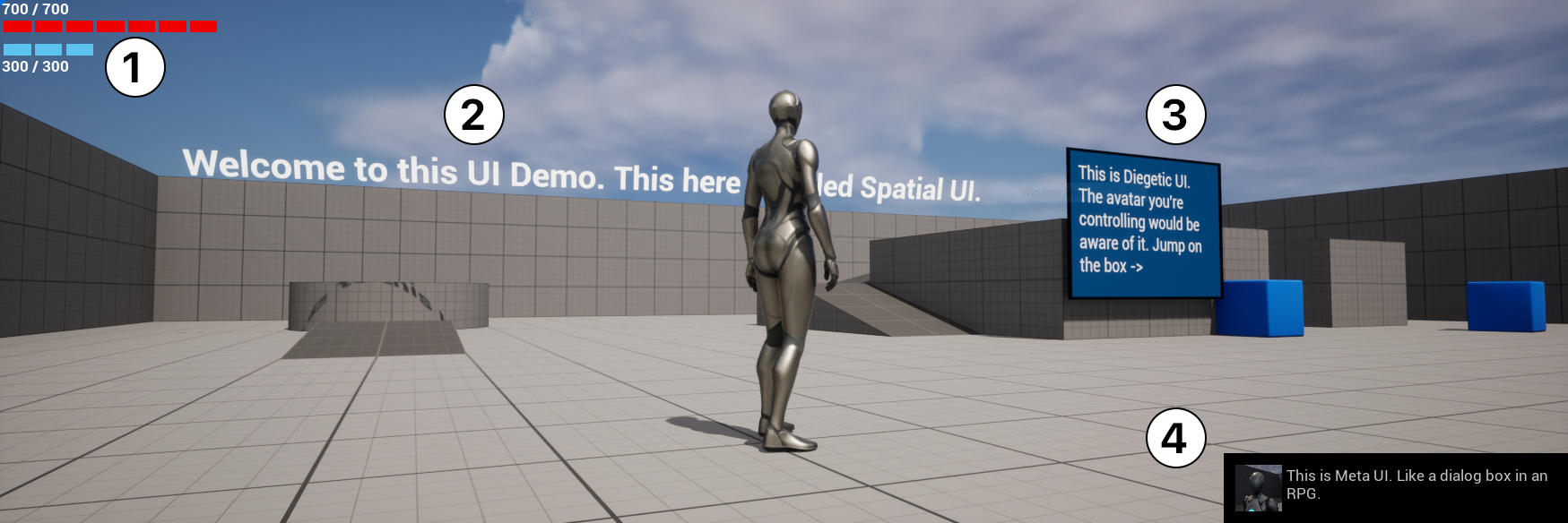 From left to right and example of non-diegetic, spatial, diegetic, and meta UI elements
